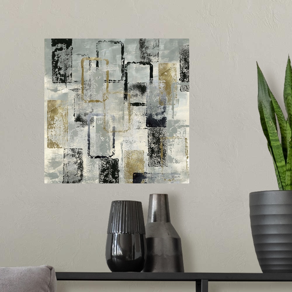 A modern room featuring Square abstract painting with gold and black rectangles on a silver and cream background with a s...