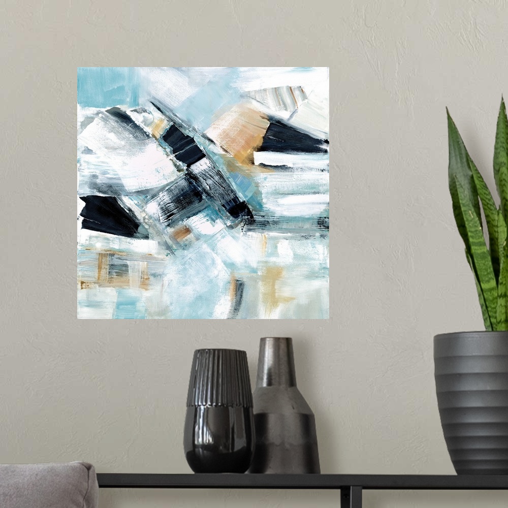 A modern room featuring Busy square abstract painting in shades of blue, tan, and grey.