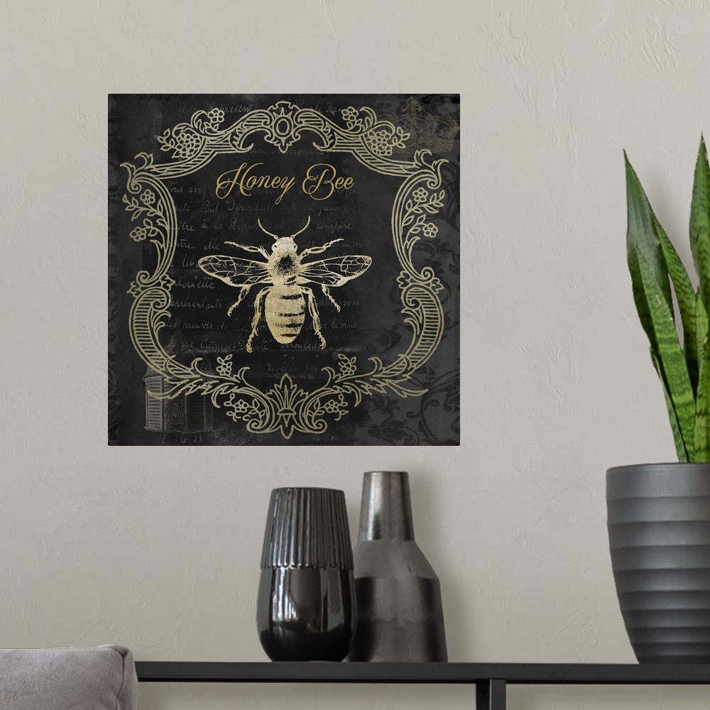 A modern room featuring Vintage style sign featuring a bee design with a frame of floral flourishes.