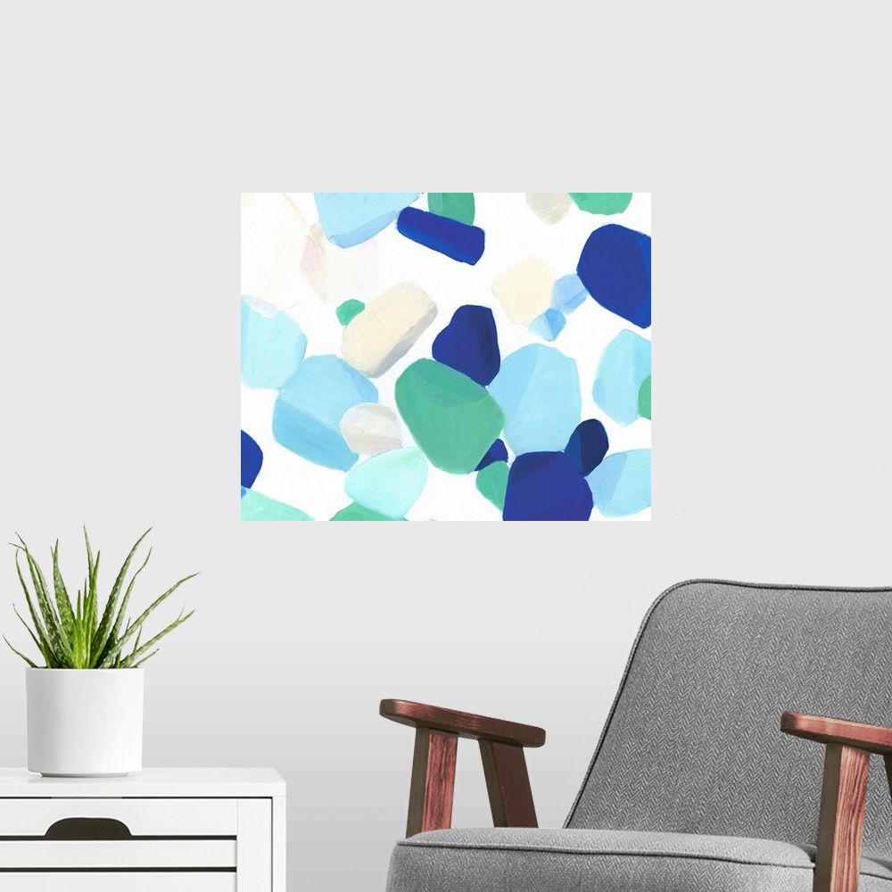 A modern room featuring Large abstract painting resembling seaglass in shades of blue, green, and tan.