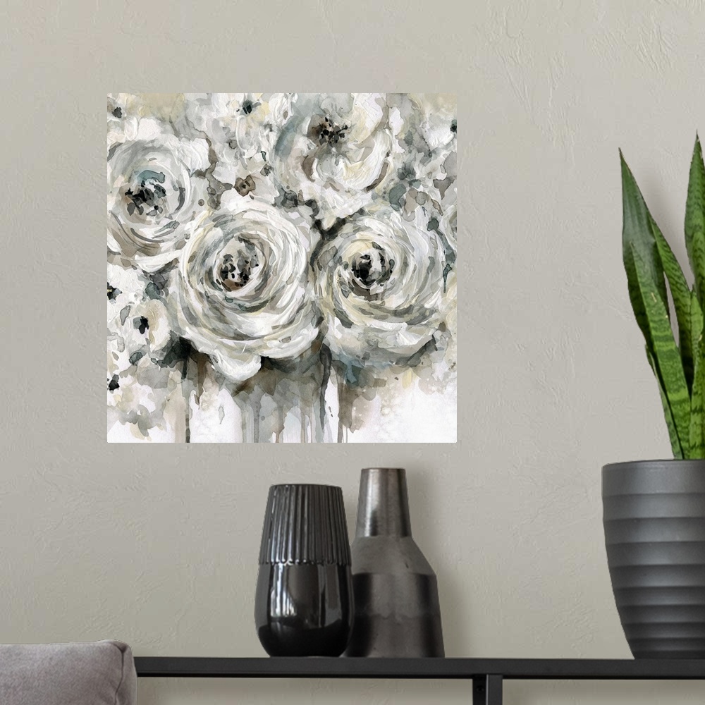 A modern room featuring Square painting of a bouquet of flowers with white and neutral tones.