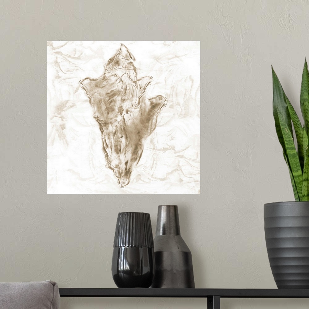 A modern room featuring Square beach themed painting of a conch shell in neutral brown tones with a marbled finish and ba...