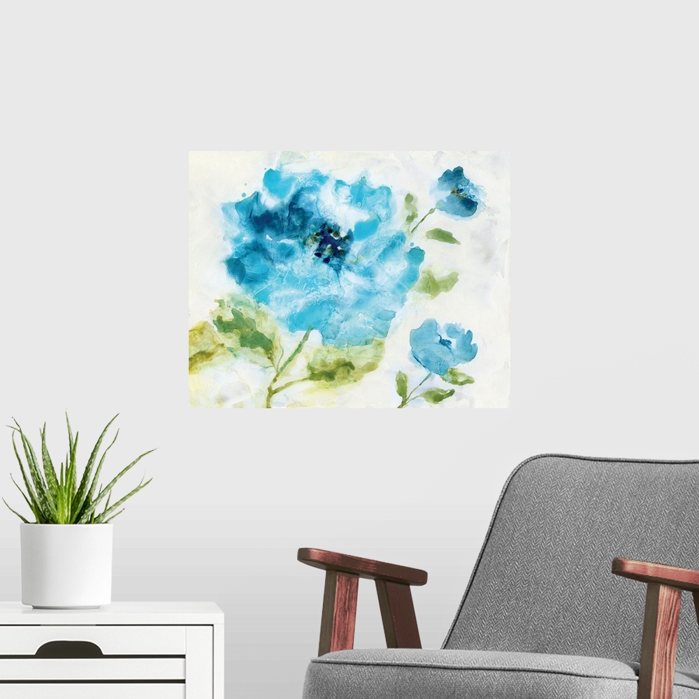 A modern room featuring Abstract painting of blue flowers on a white background.