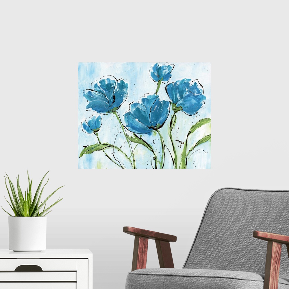 A modern room featuring Large contemporary painting of blue poppy flowers with black outlines and green long leaves and s...