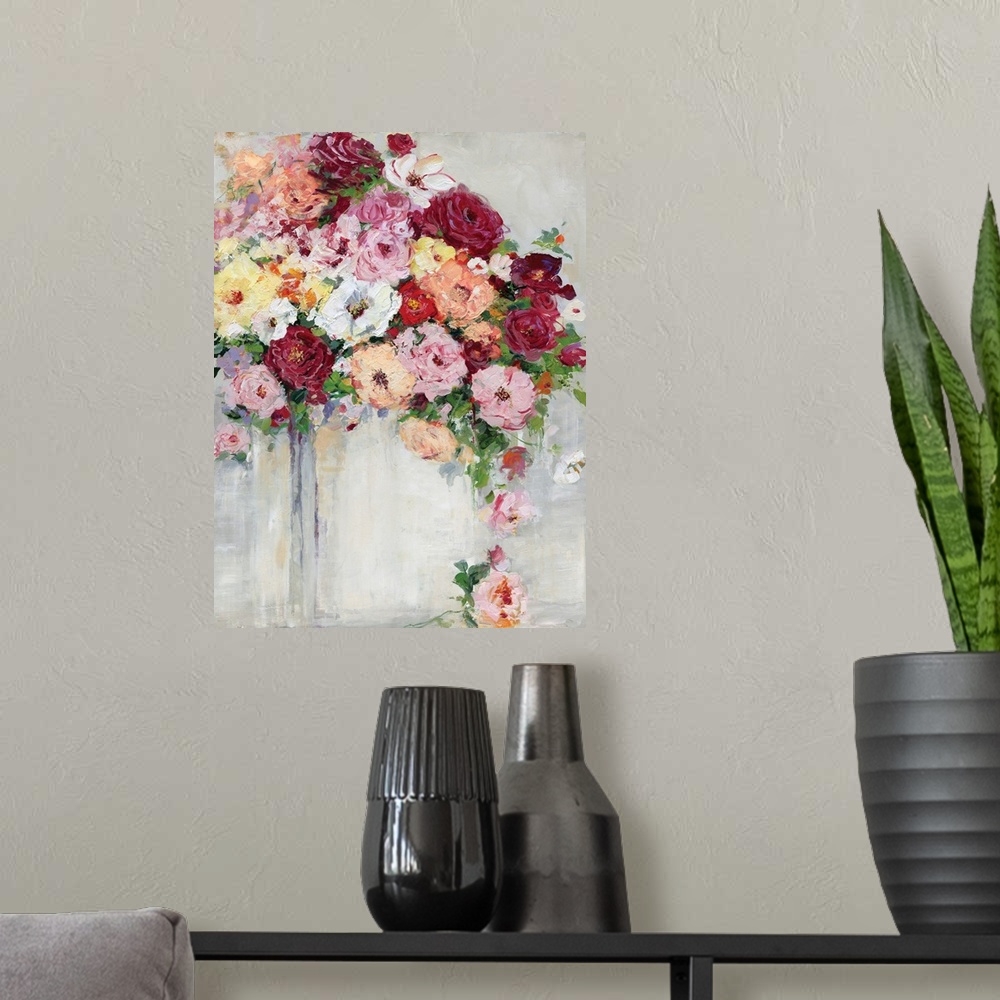 A modern room featuring Vertical painting of a colorful flower arrangement on a gray toned background.