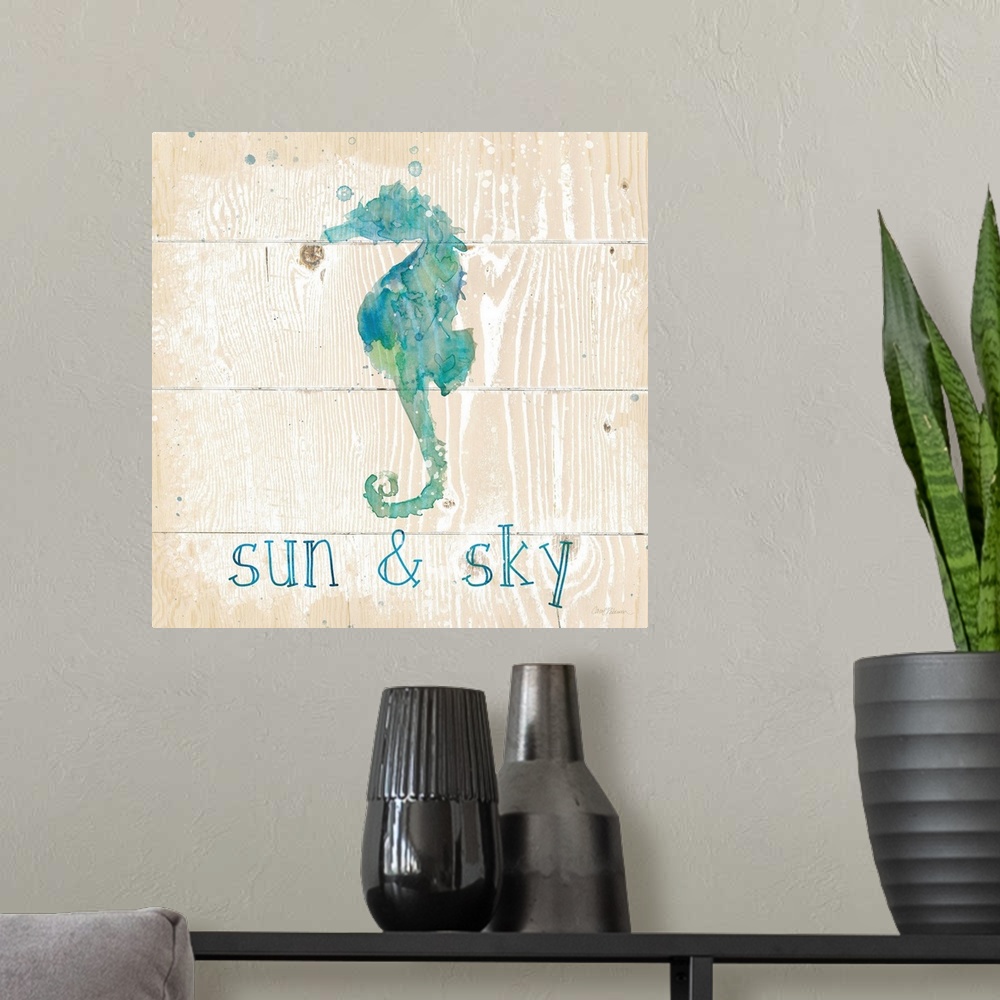 A modern room featuring A beach themed watercolor on a wooden background.
