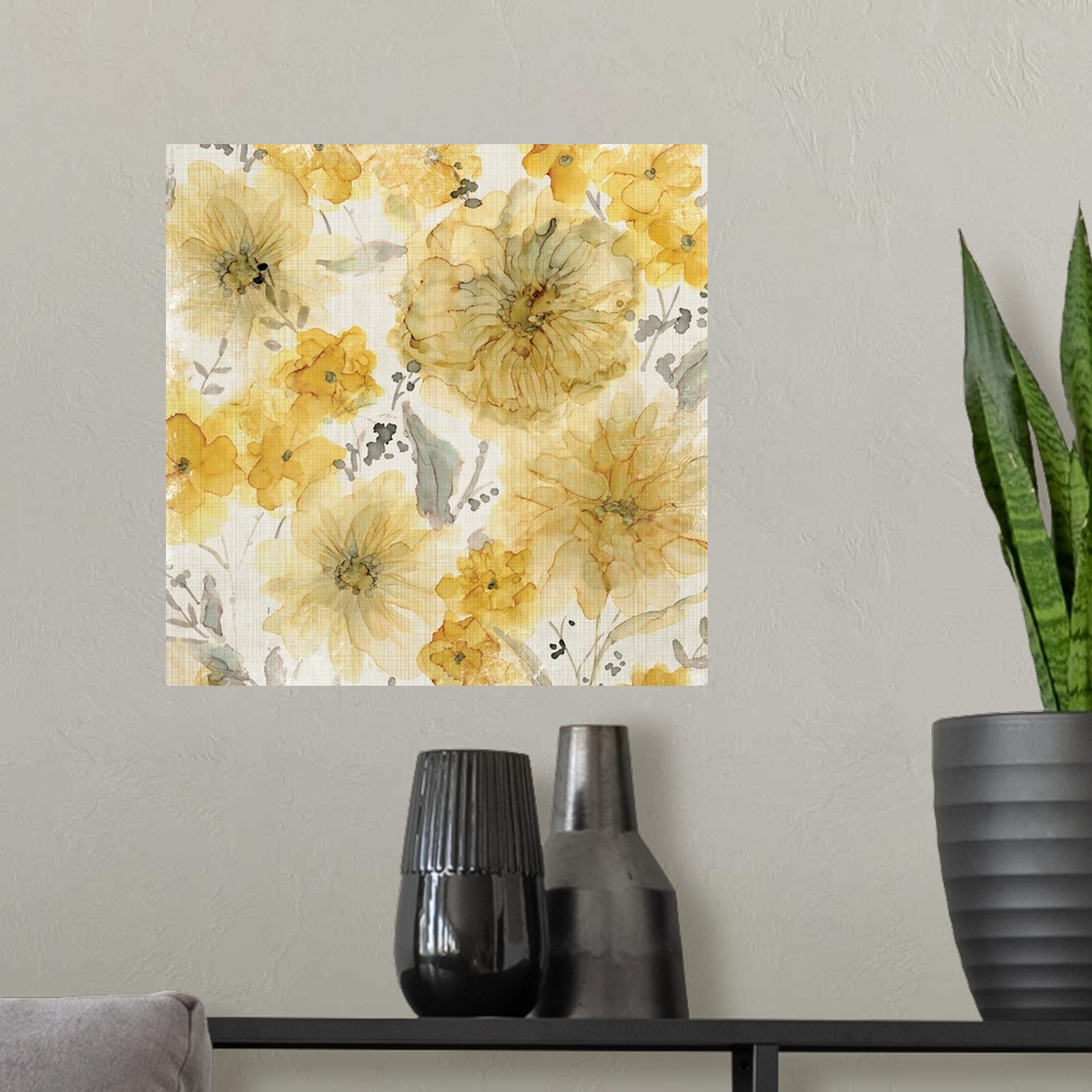 A modern room featuring Yellow flowers with gray stems and leaves on a white background with a very thin checkered pattern.
