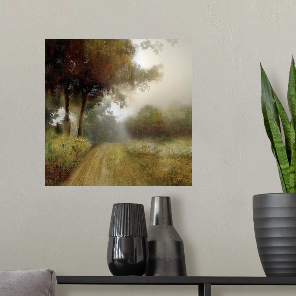 A modern room featuring Square painting of a pathway going through a rural landscape with tall trees and Autumn colors.