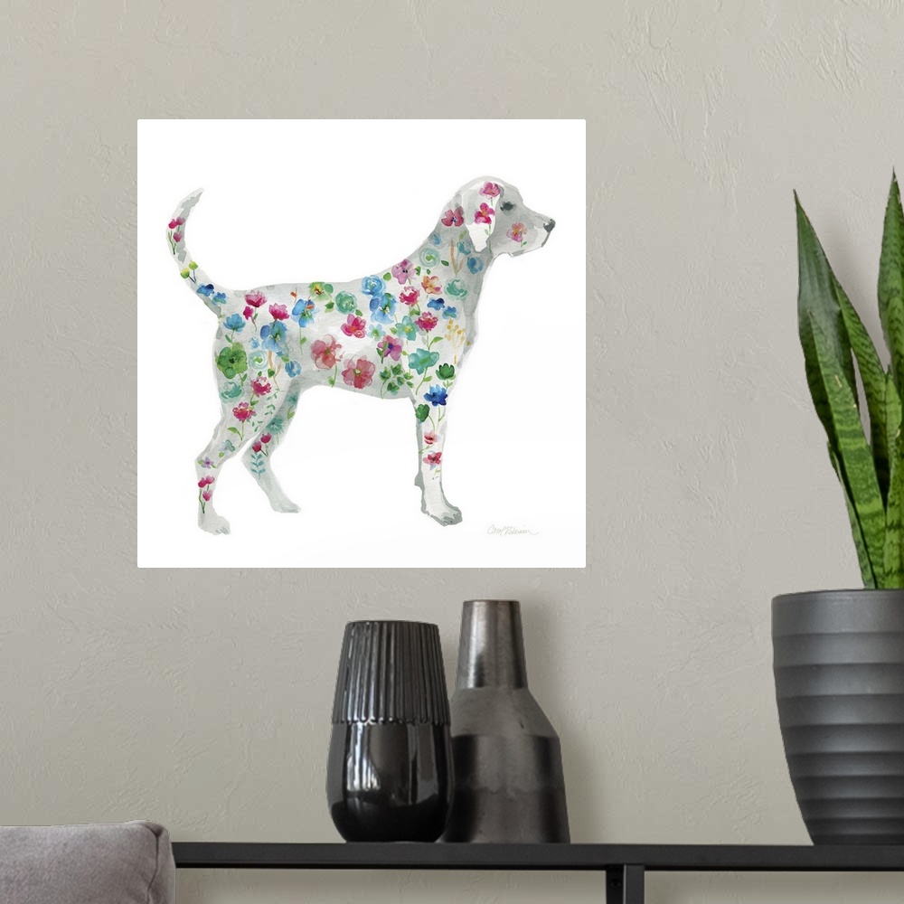 A modern room featuring A watercolor painting of a Labrador with a bright and colorful floral pattern.