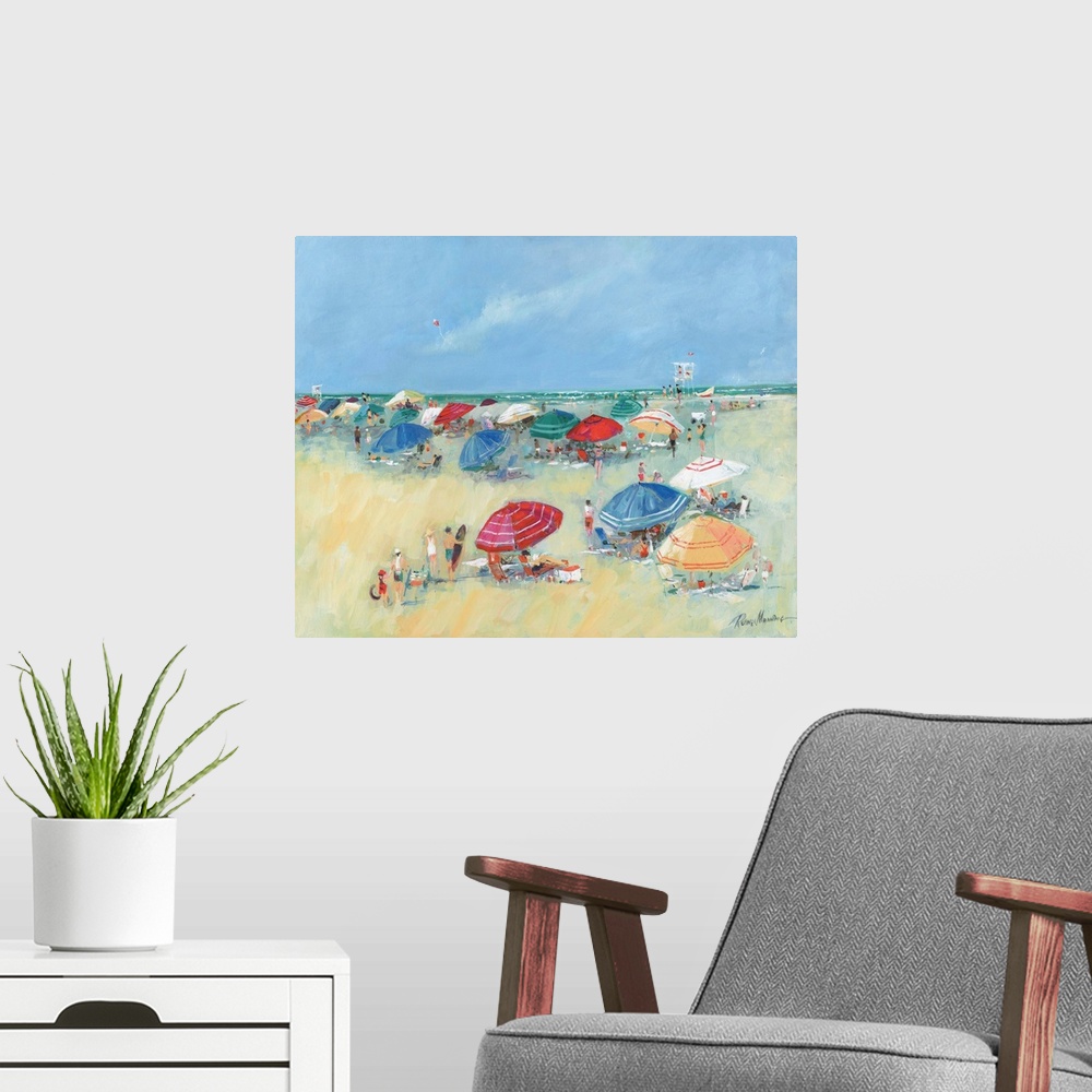 A modern room featuring Contemporary painting of a busy beach filled with umbrellas and summer activities.