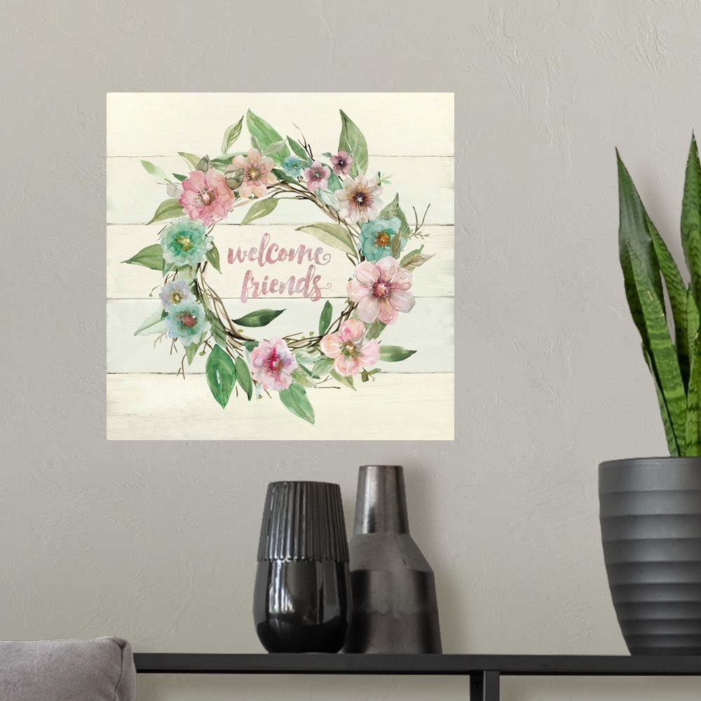 A modern room featuring The words, "Welcome friends" are encompassed by a wreath of watercolor flowers and branches and i...