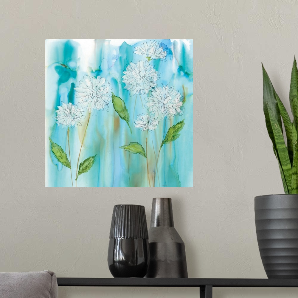A modern room featuring Black and white illustrated flowers with long stems and green leaves on a blue watercolor backgro...
