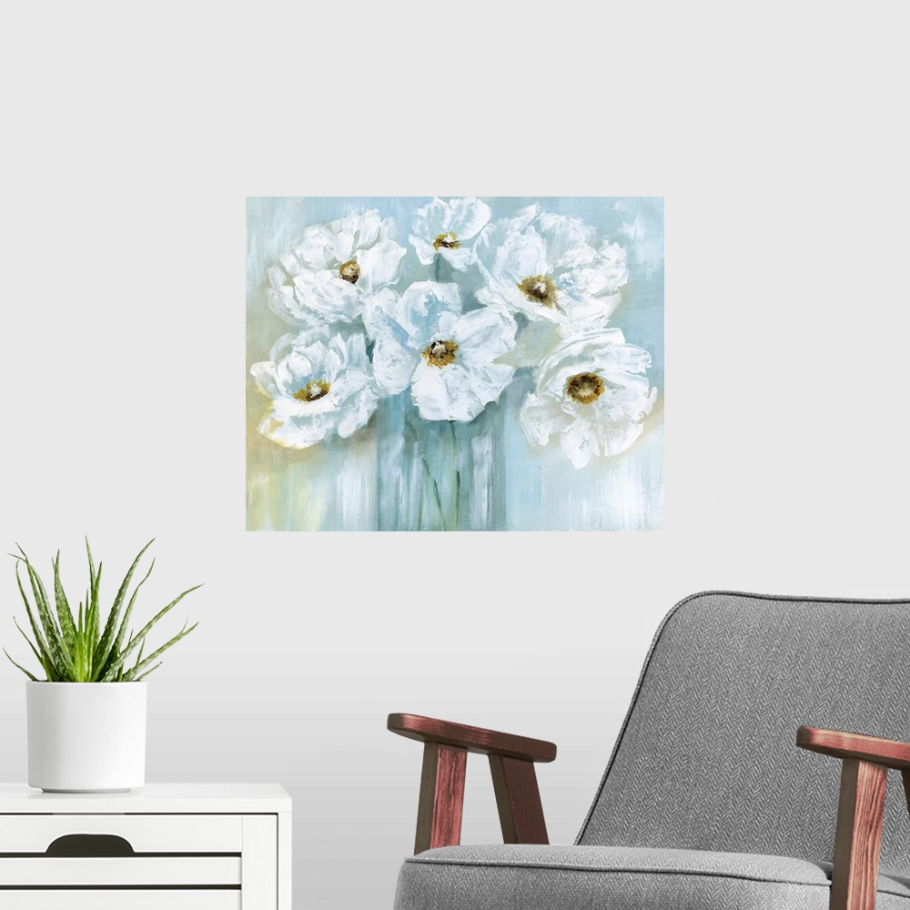 A modern room featuring Contemporary painting of a bouquet of white poppy flowers with blue and gold tones.