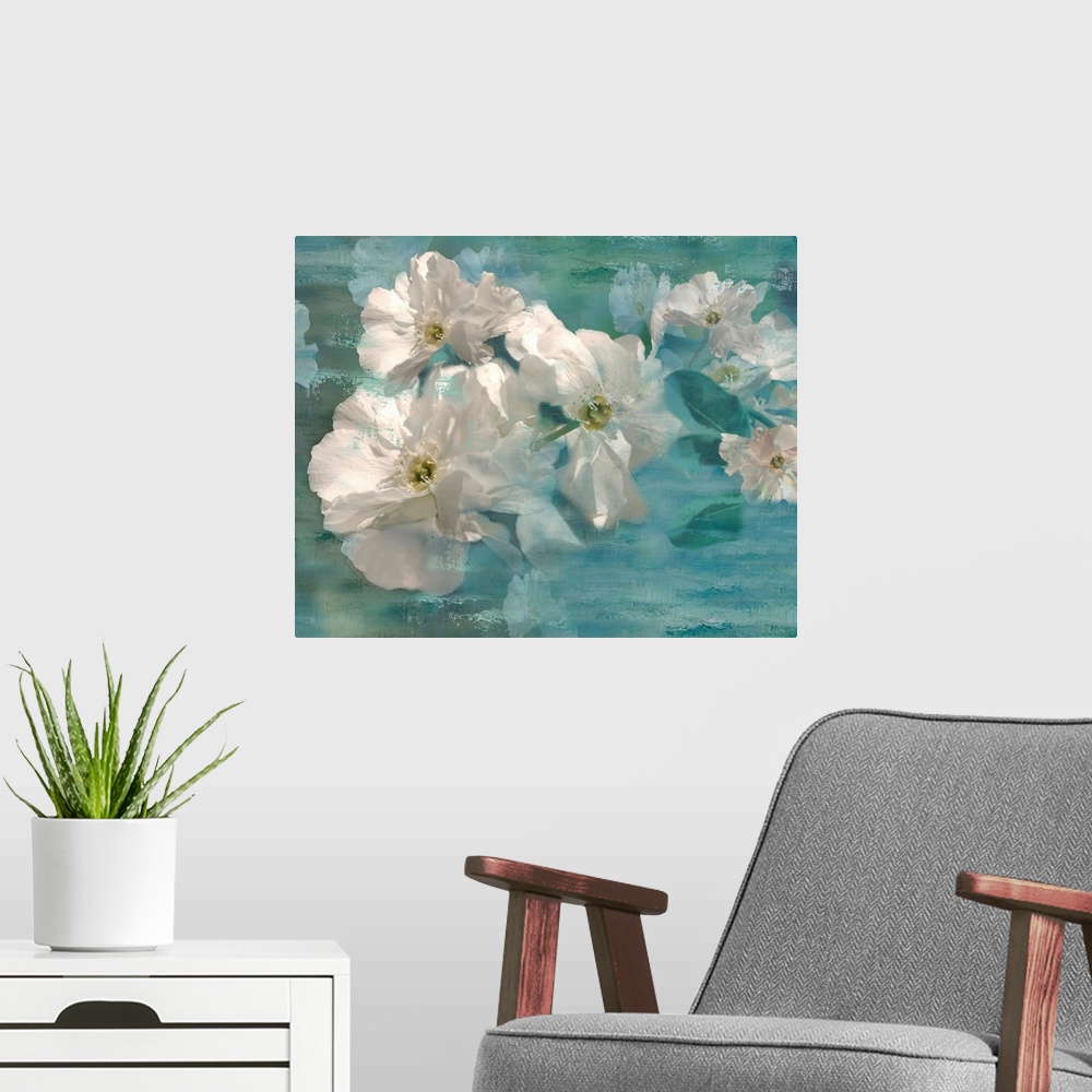 A modern room featuring Dream-like painting of white jasmine flowers on a blue background with wood grain.