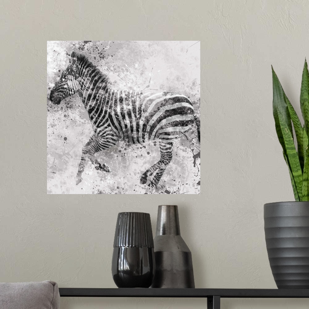 A modern room featuring Contemporary artwork of a zebra against a textured looking background with an overall grungy and ...