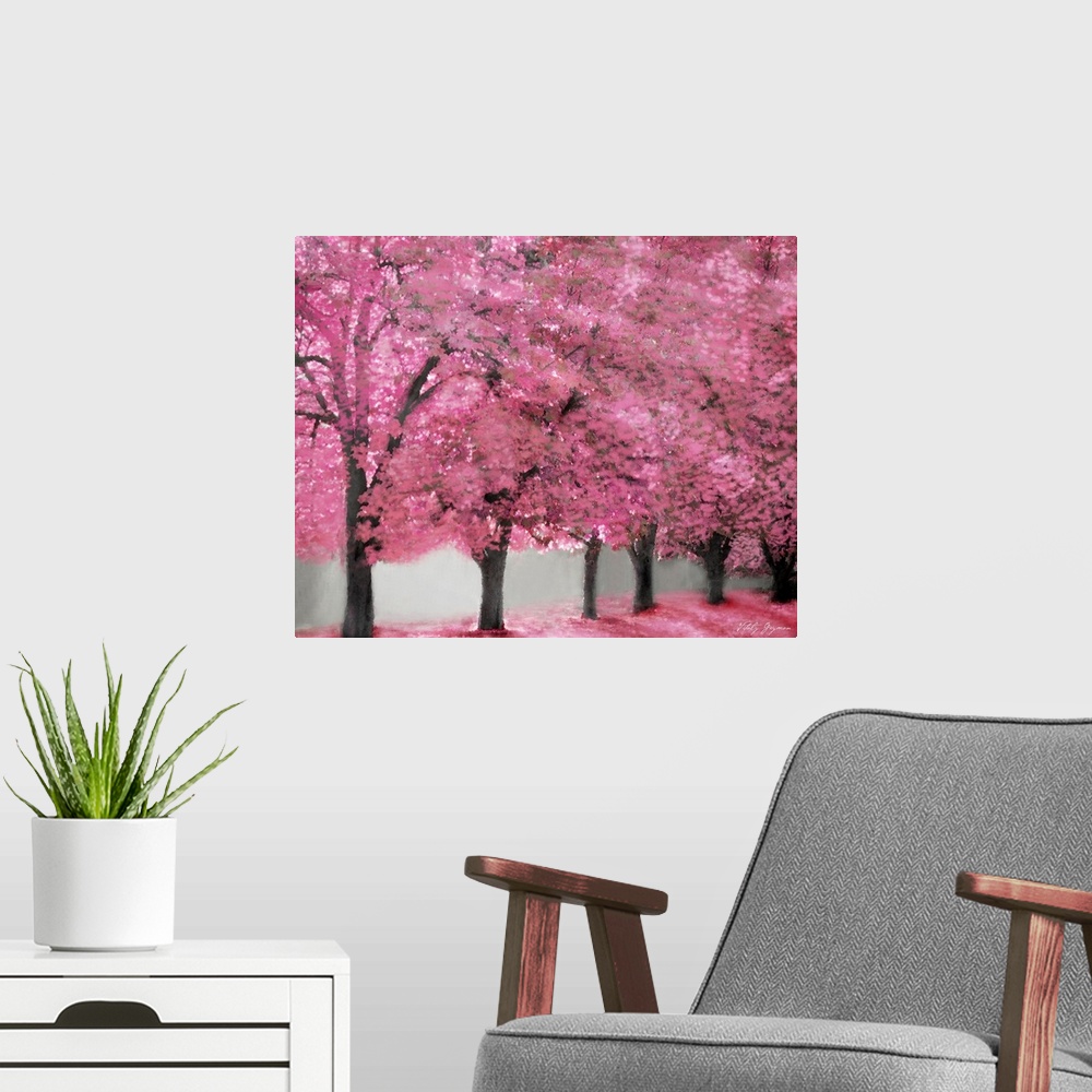 A modern room featuring Giant wall docor of blossoming trees in a line.