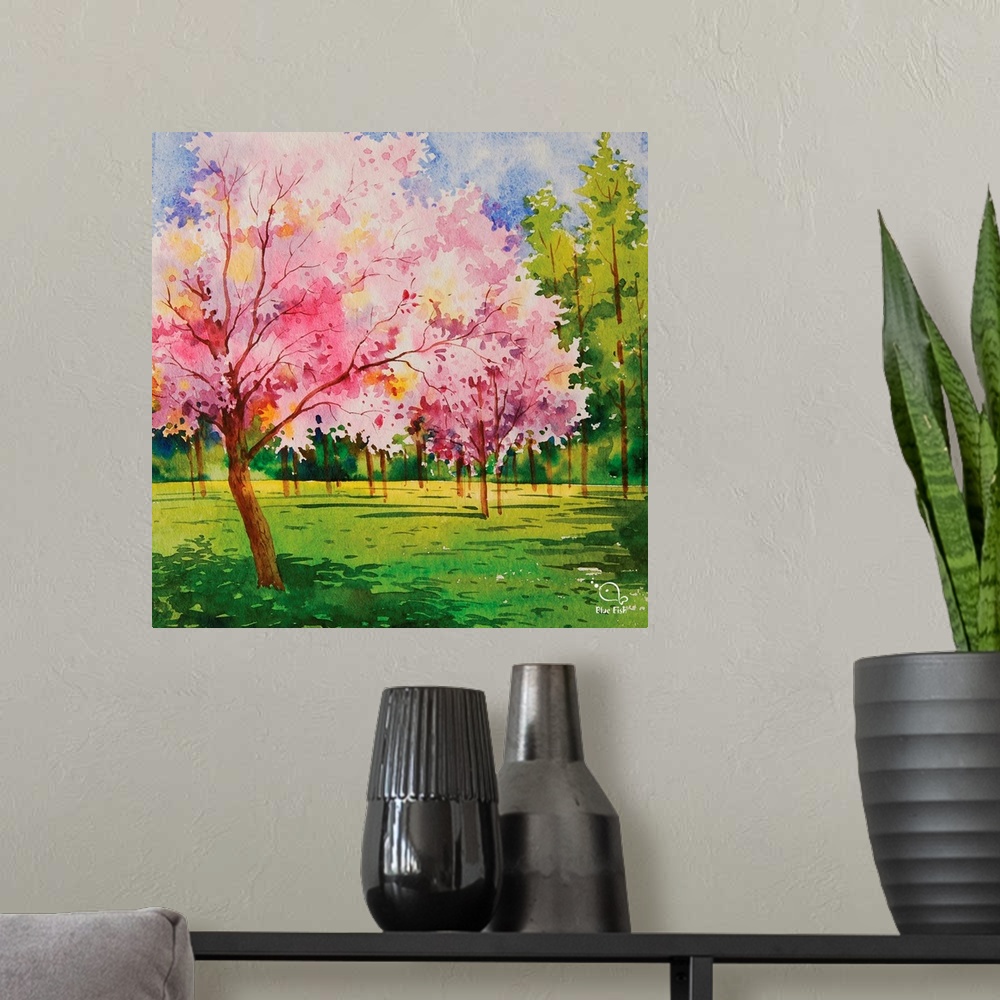 A modern room featuring Contemporary watercolor painting of a cherry tree in bloom in the spring.