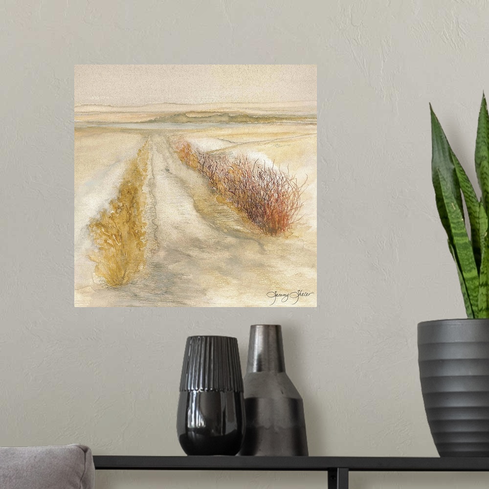 A modern room featuring Contemporary watercolor painting of two rows of dune grass in the sand.