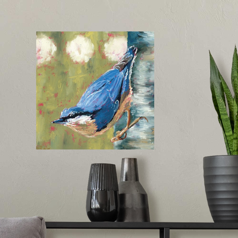 A modern room featuring Contemporary painting of a nuthatch bird on a tree trunk.