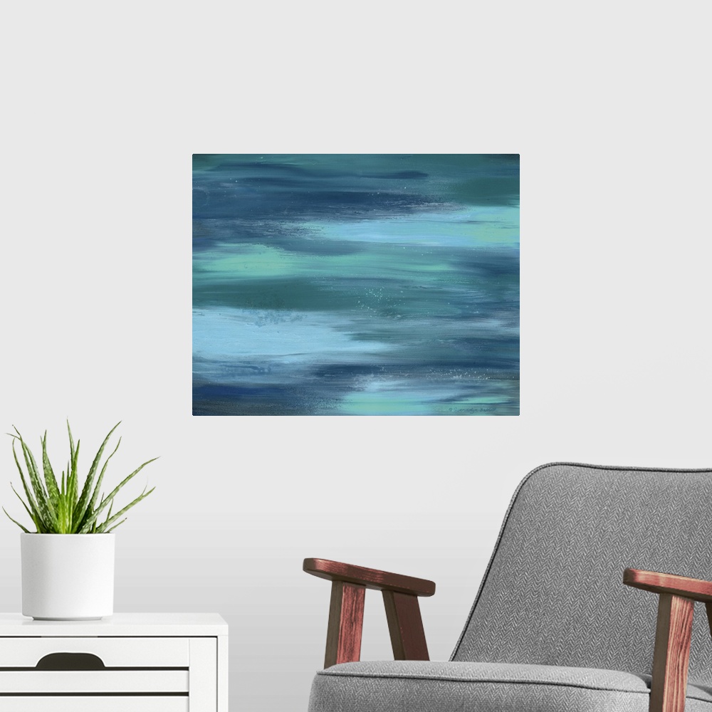 A modern room featuring Abstract painting created with horizontal brushstrokes in shades of blue representing the ocean.