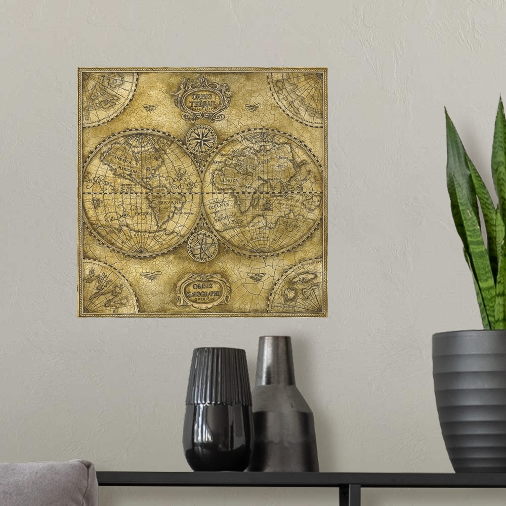 A modern room featuring Decorative map of the world done in an antique style, featuring the east and west hemispheres of ...