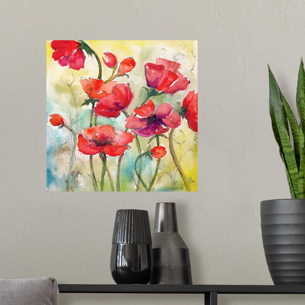 A modern room featuring Square watercolor painting of red poppies with hints of purple on a blue, green, and yellow backg...