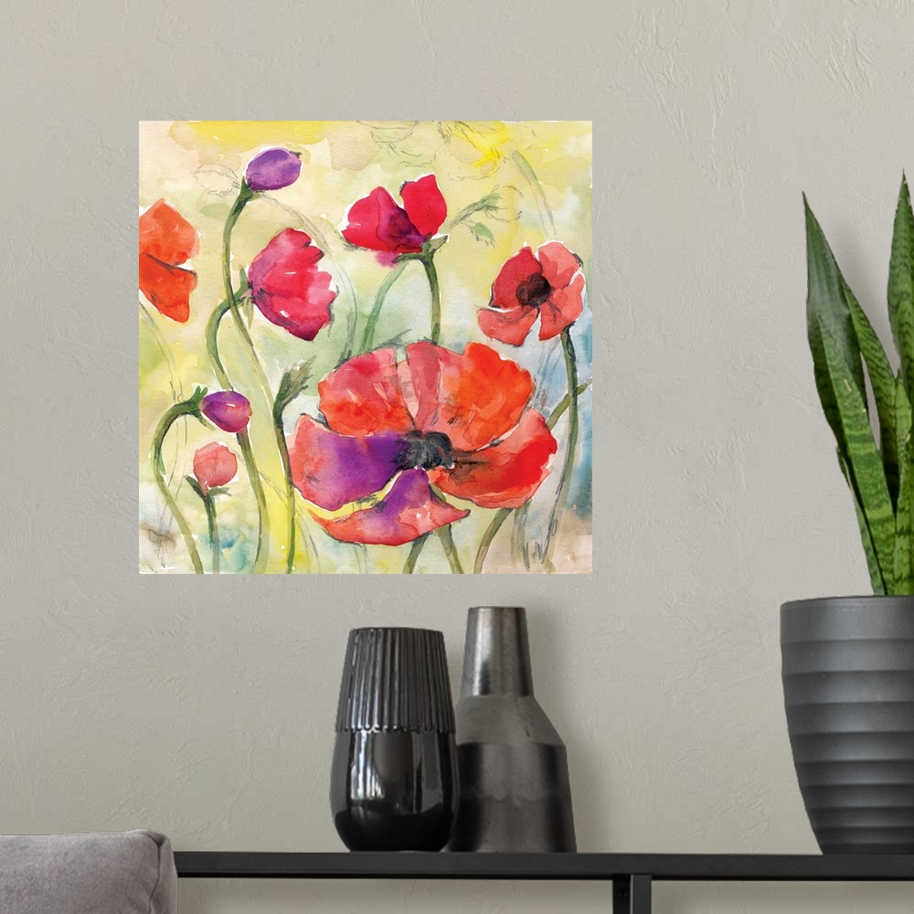 A modern room featuring Square watercolor painting of red poppies with hints of purple on a blue, green, and yellow backg...