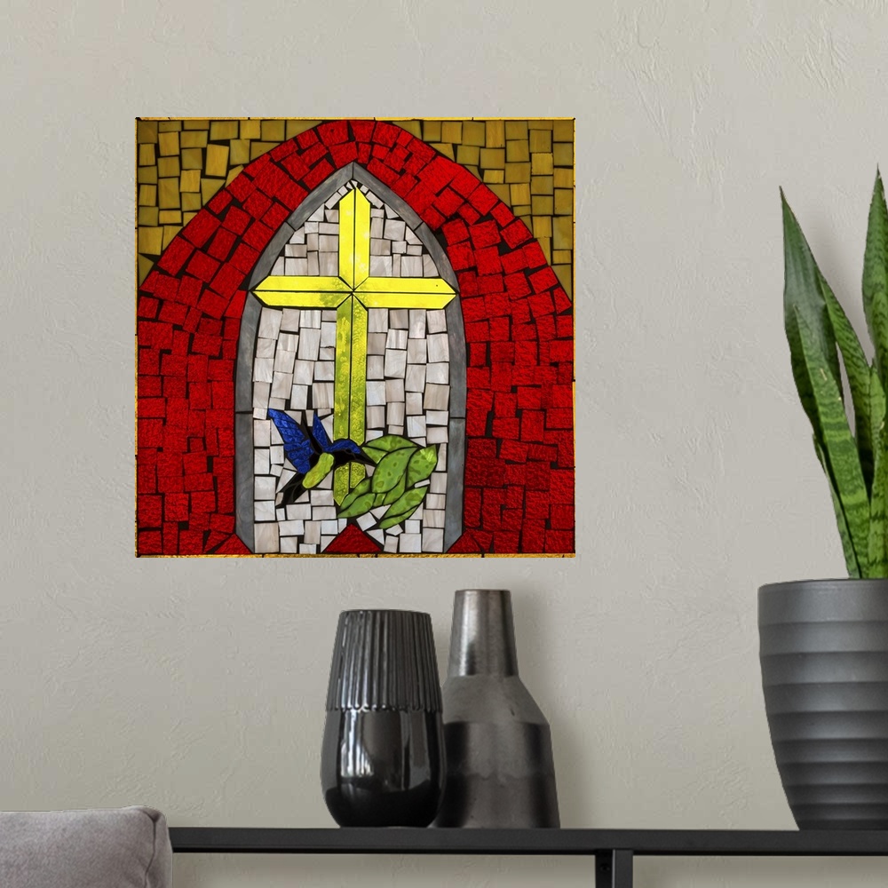 A modern room featuring Artwork done in a stained-glass style depicting a cross, a symbol of Christianity.