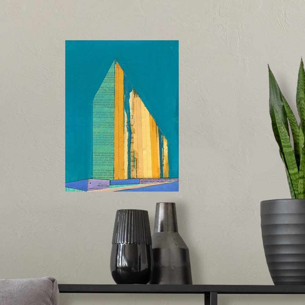 A modern room featuring Abstract cityscape collage using vintage cut paper and oil paint. Colorful teal blue and yellow g...