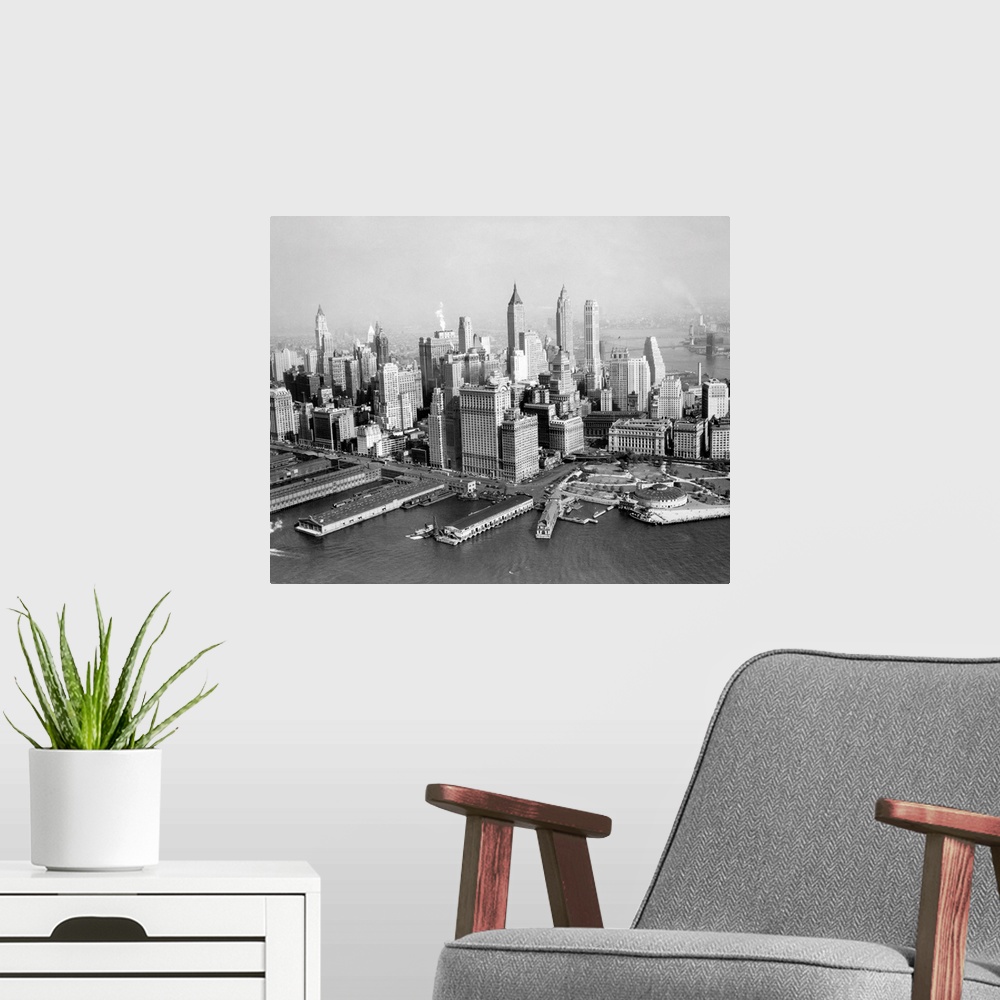 A modern room featuring New York City: Skyline, Downtown New York. Manhattan South Ferry, New York.