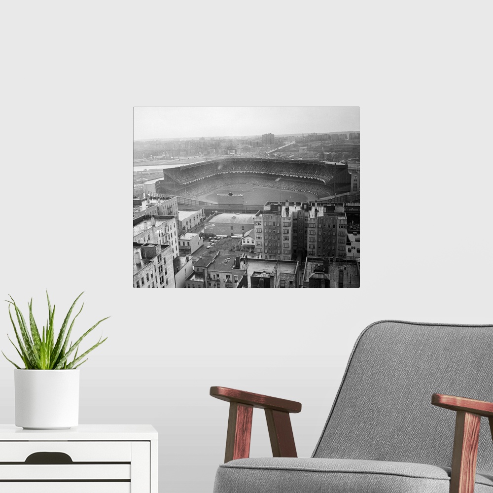 A modern room featuring Bronx, New York: General view of the Yankee Stadium before start of first World Series game.