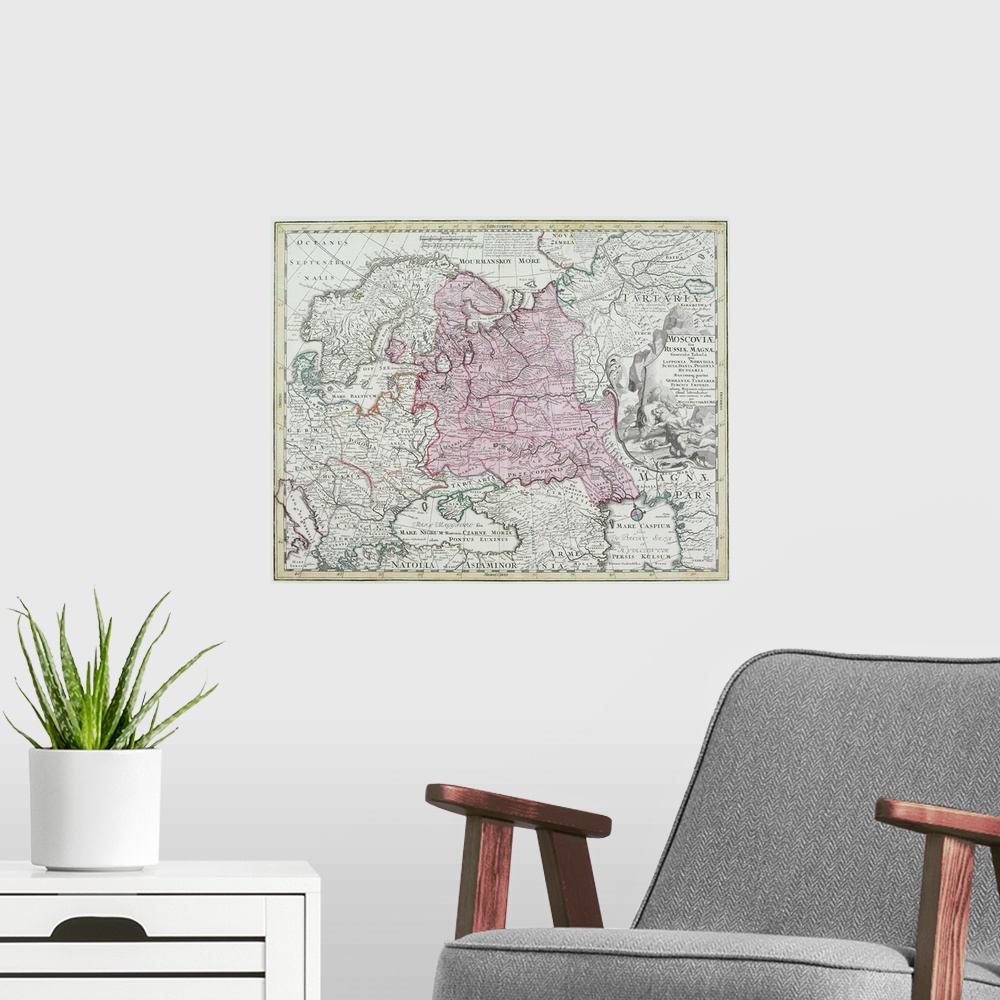 A modern room featuring Antique map of eastern Europe