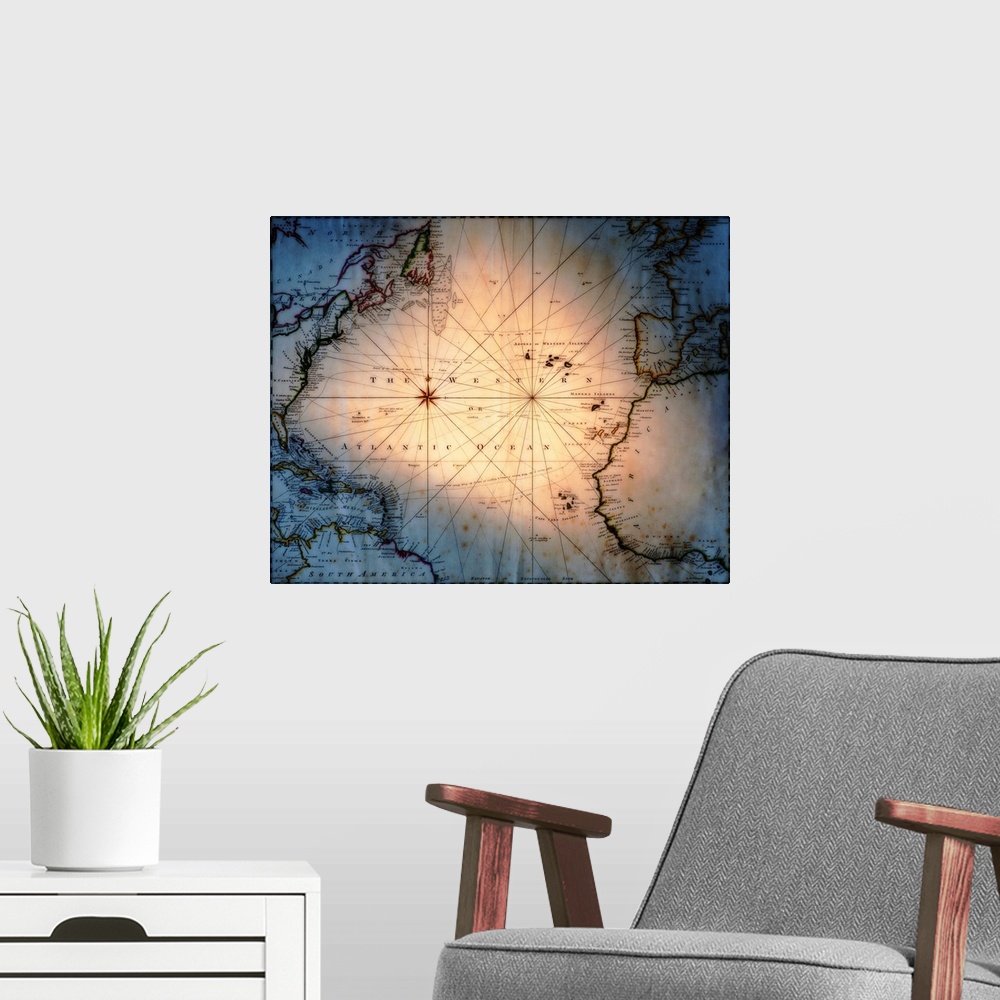 A modern room featuring This decorative artwork shows a vintage map that has been digitally enhanced with a vignette and ...