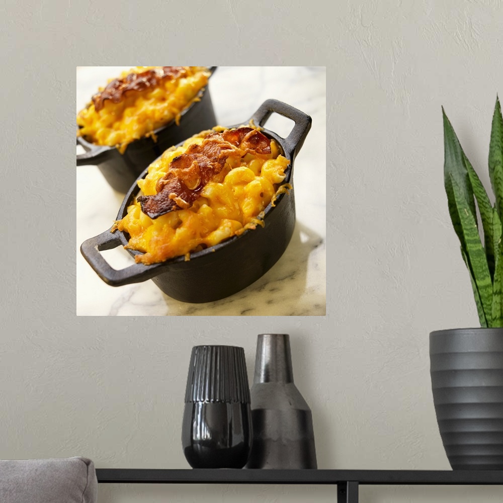 A modern room featuring Macaroni and cheese with bacon in casserole, close-up