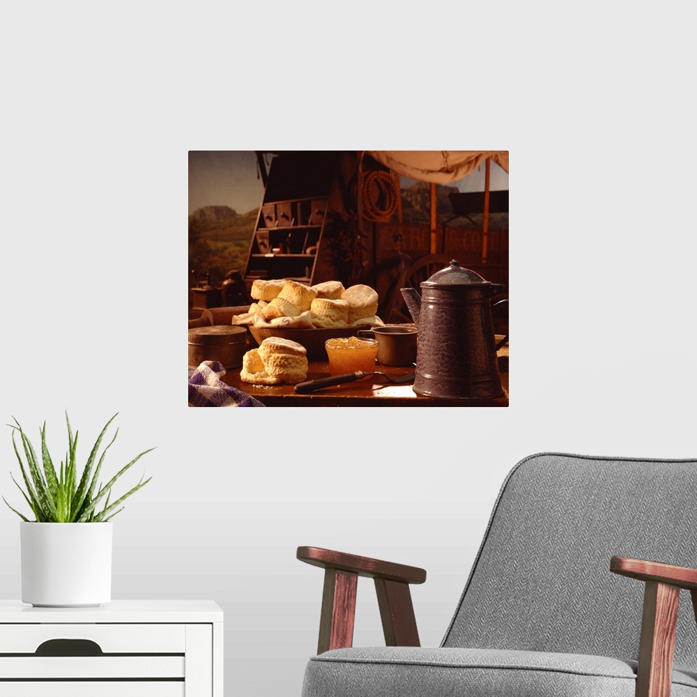 A modern room featuring Biscuits and coffee on chuck wagon