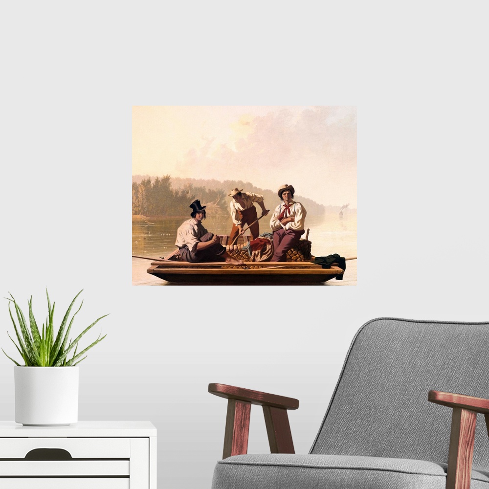 A modern room featuring Boatmen On The Missouri By George Caleb Bingham