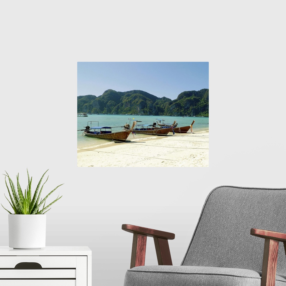 A modern room featuring Boats on beach in Thailand.