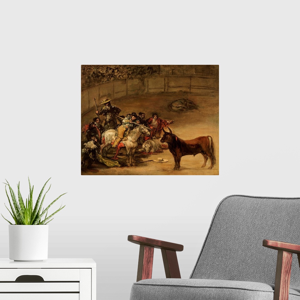 A modern room featuring Francisco de Goya (Spanish, 1746-1828), Bullfight, Suerte de Varas, 1824, oil on canvas, 49.5 x 6...