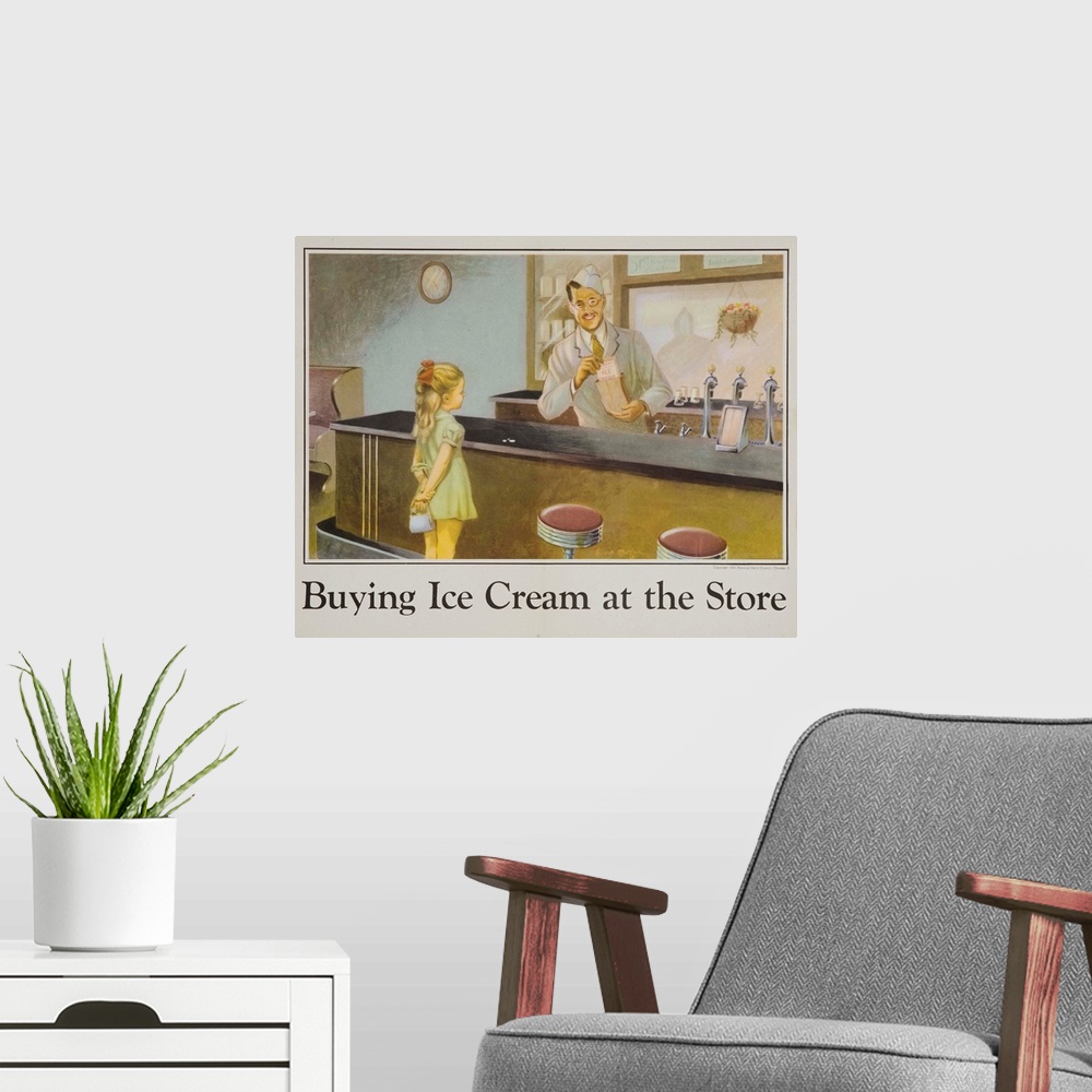 A modern room featuring National Dairy Council Poster, Chicago, 1945. Illustrated by Edwin Morgan.
