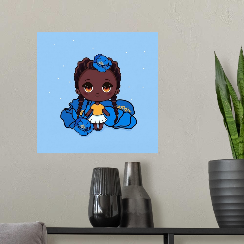 A modern room featuring Cute and kawaii African American girl with poppies. Happy manga chibi girl with blue flowers. Ori...