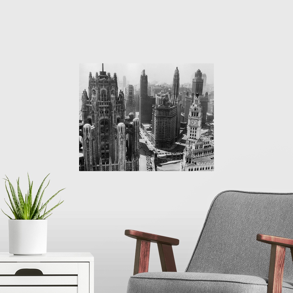 A modern room featuring Chicago, IL: Towers of leading Chicago skyscrapers. Undated photo.