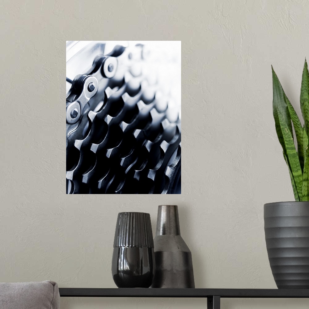 A modern room featuring Close up of bicycle gears