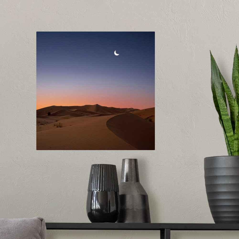 A modern room featuring Crescent moon over dunes in Sahara Desert at dawn, Morocco.