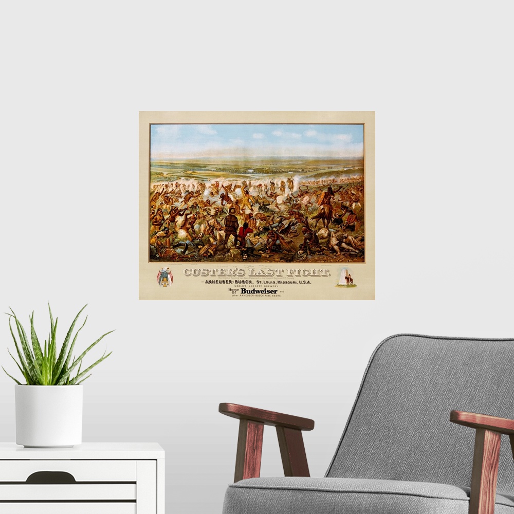 A modern room featuring Custer's Last Fight Color Print From Painting