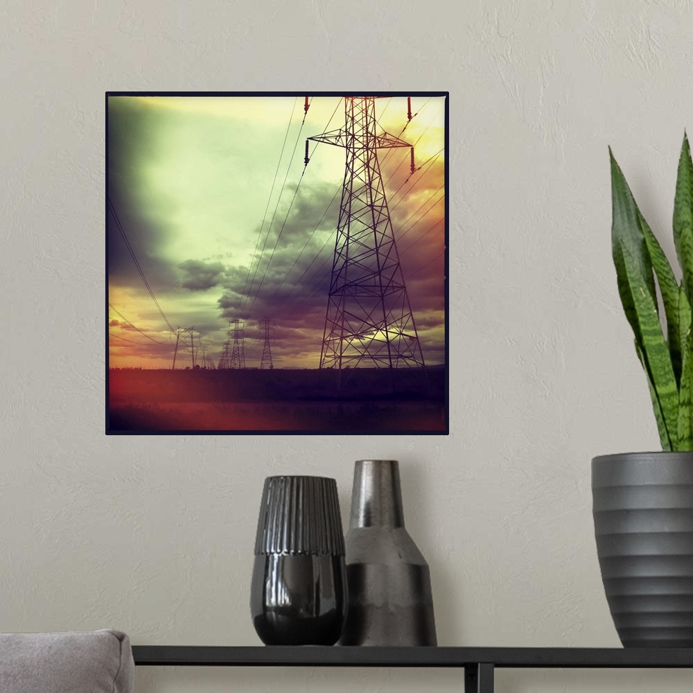 A modern room featuring Electricity pylons against cloudy sky in Woodland, California, US.