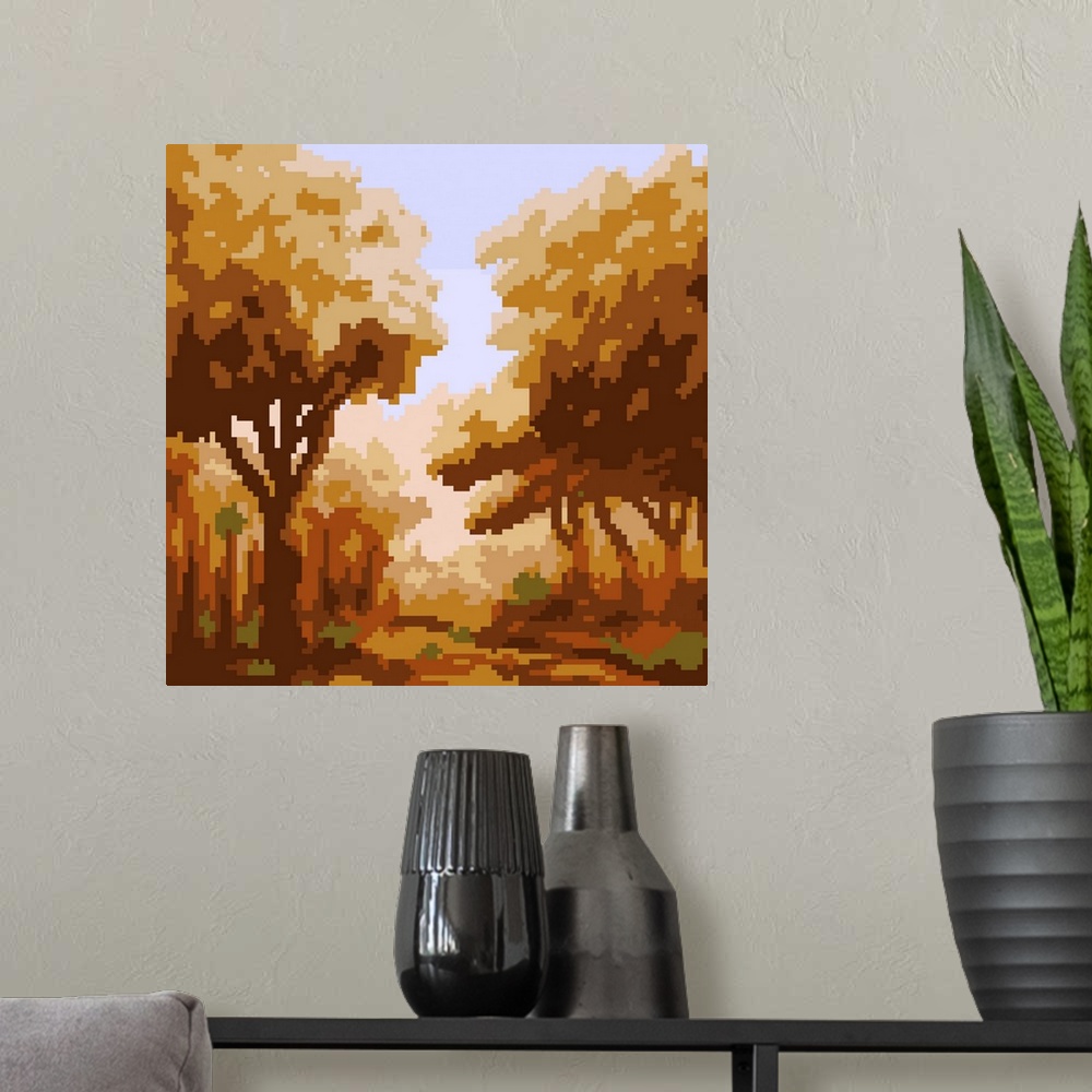 A modern room featuring Fall Forest Pixel Art