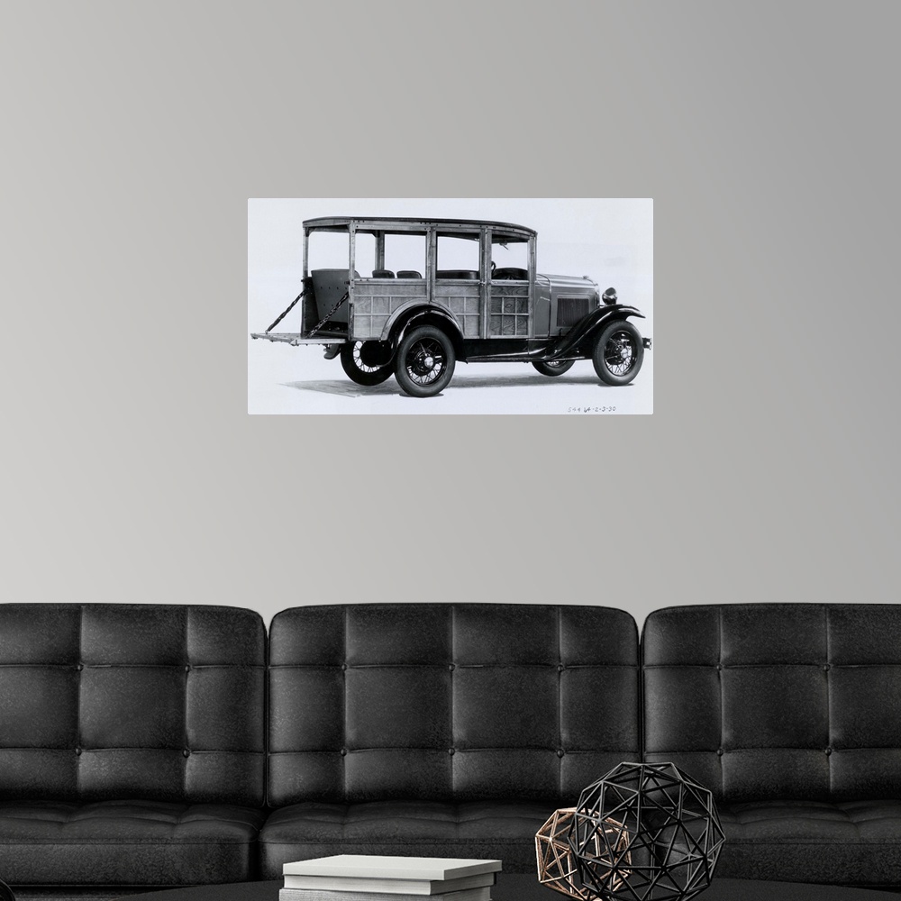 A modern room featuring Photo shows a Ford Model A station wagon; a Woody. Photograph, ca. 1900s-1910s.