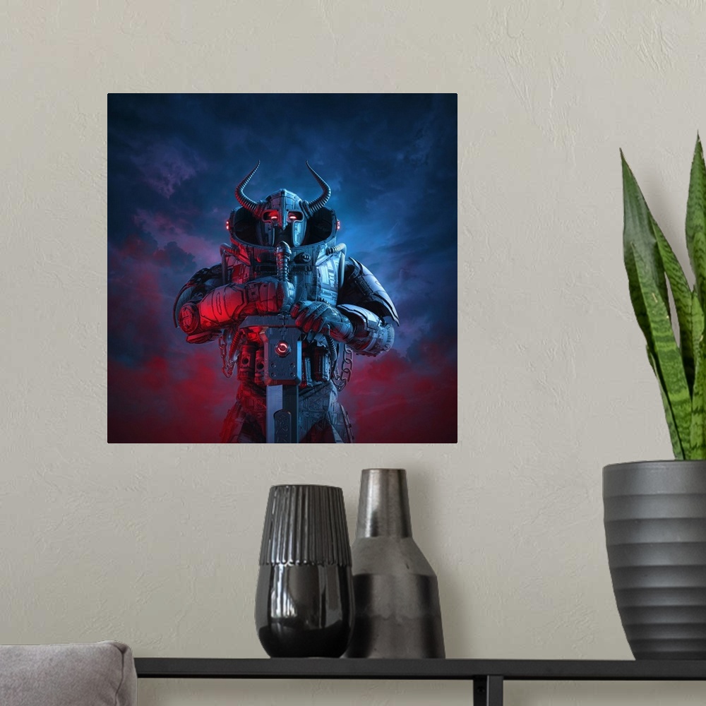 A modern room featuring 3D illustration of a science fiction barbarian robot knight with horned helmet and battle sword a...