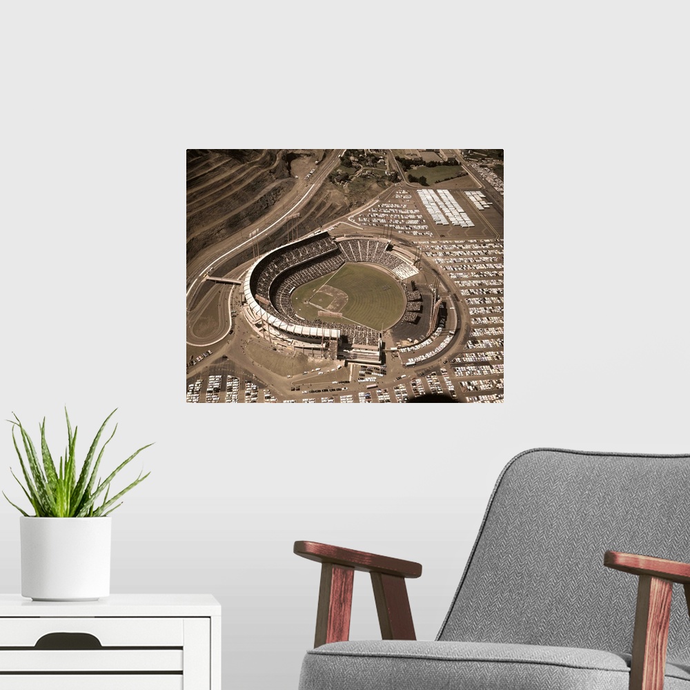 A modern room featuring General views and aerial views of Candlestick Park as the San Francisco Giants played their first...