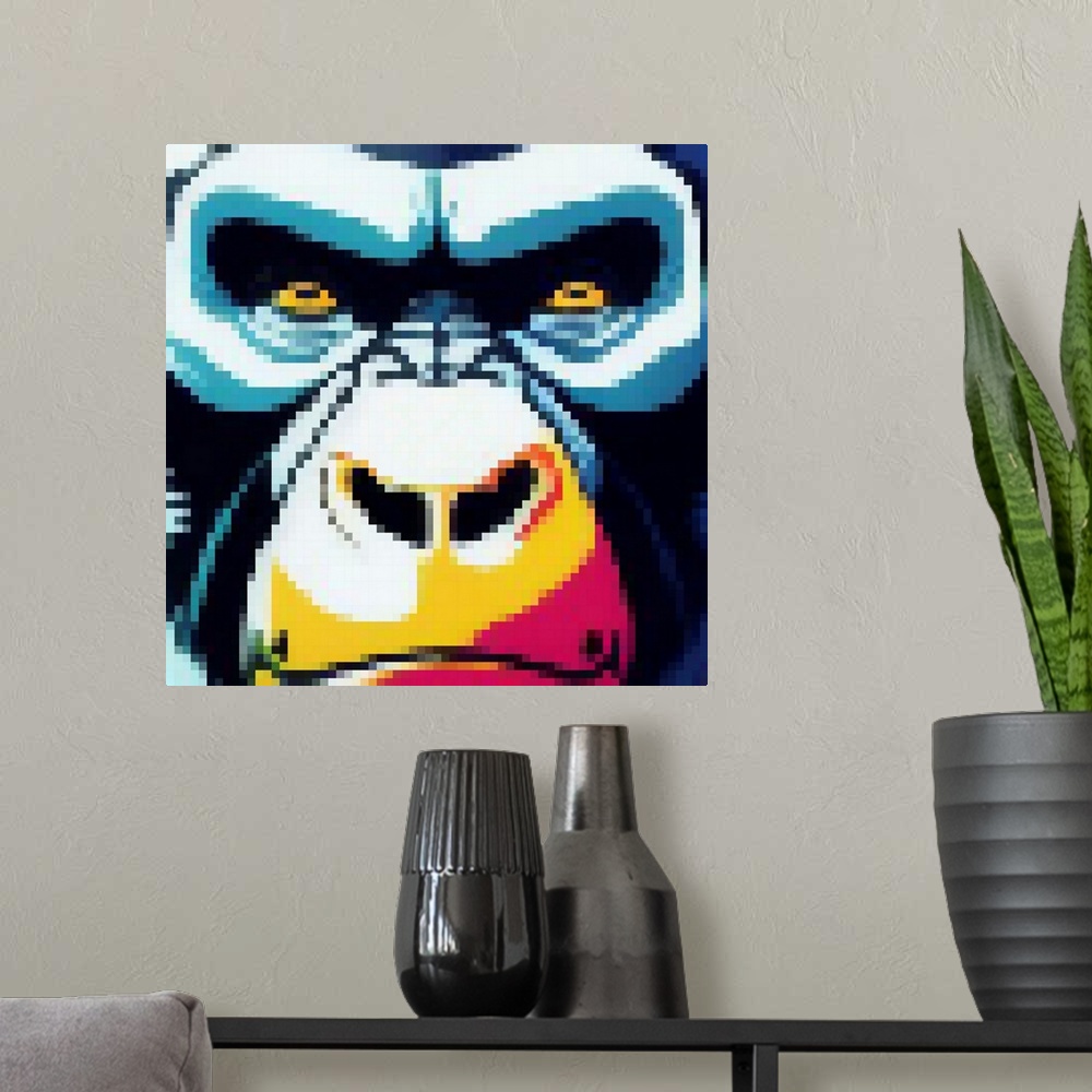 A modern room featuring Gorilla Portrait, Pixel Art